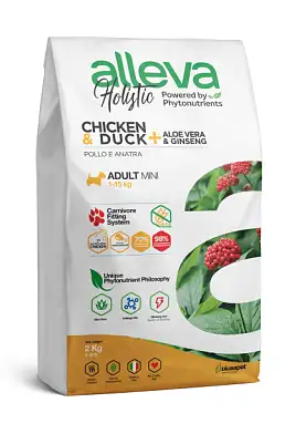 Alleva holistic dog сухой корм для взрослых собак мелких пород с курицей и уткой, алое вера и женьшенем