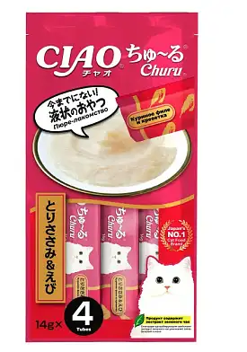 Inaba Ciao Churu лакомство-пюре для кошек с куриным филе и креветкой